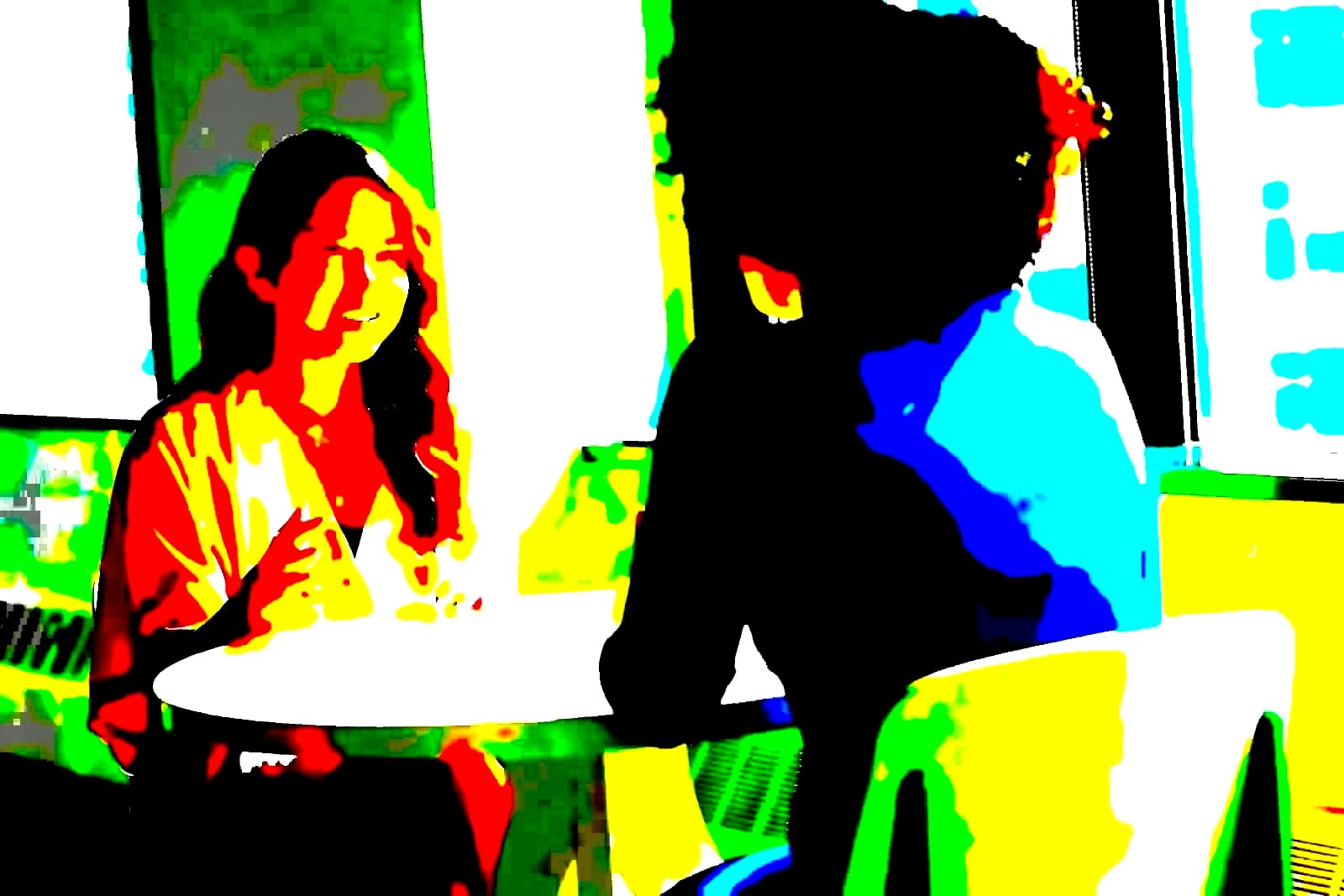 Two professionals in conversation in a meeting setting
