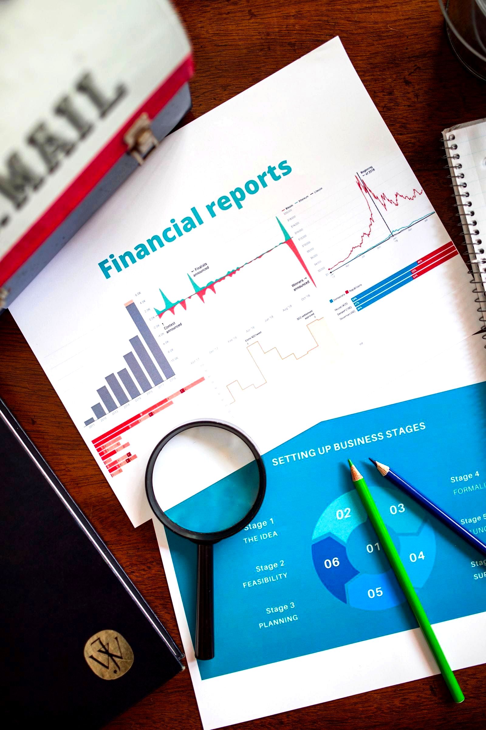 Magnifying glass over financial report documents with charts and data