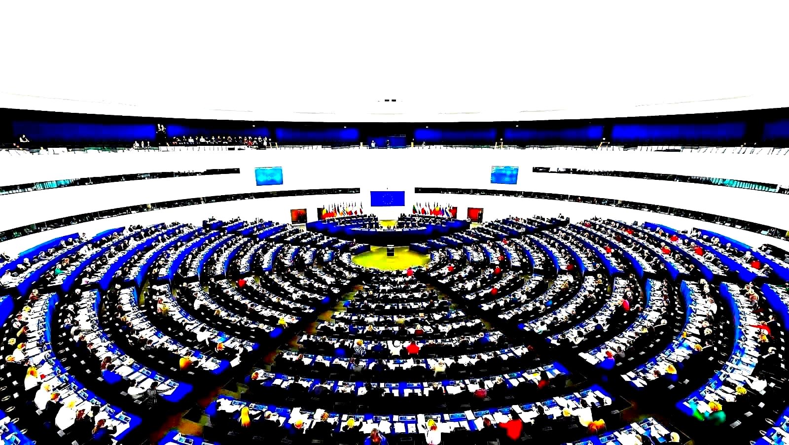 European Parliament building in Brussels with EU flags