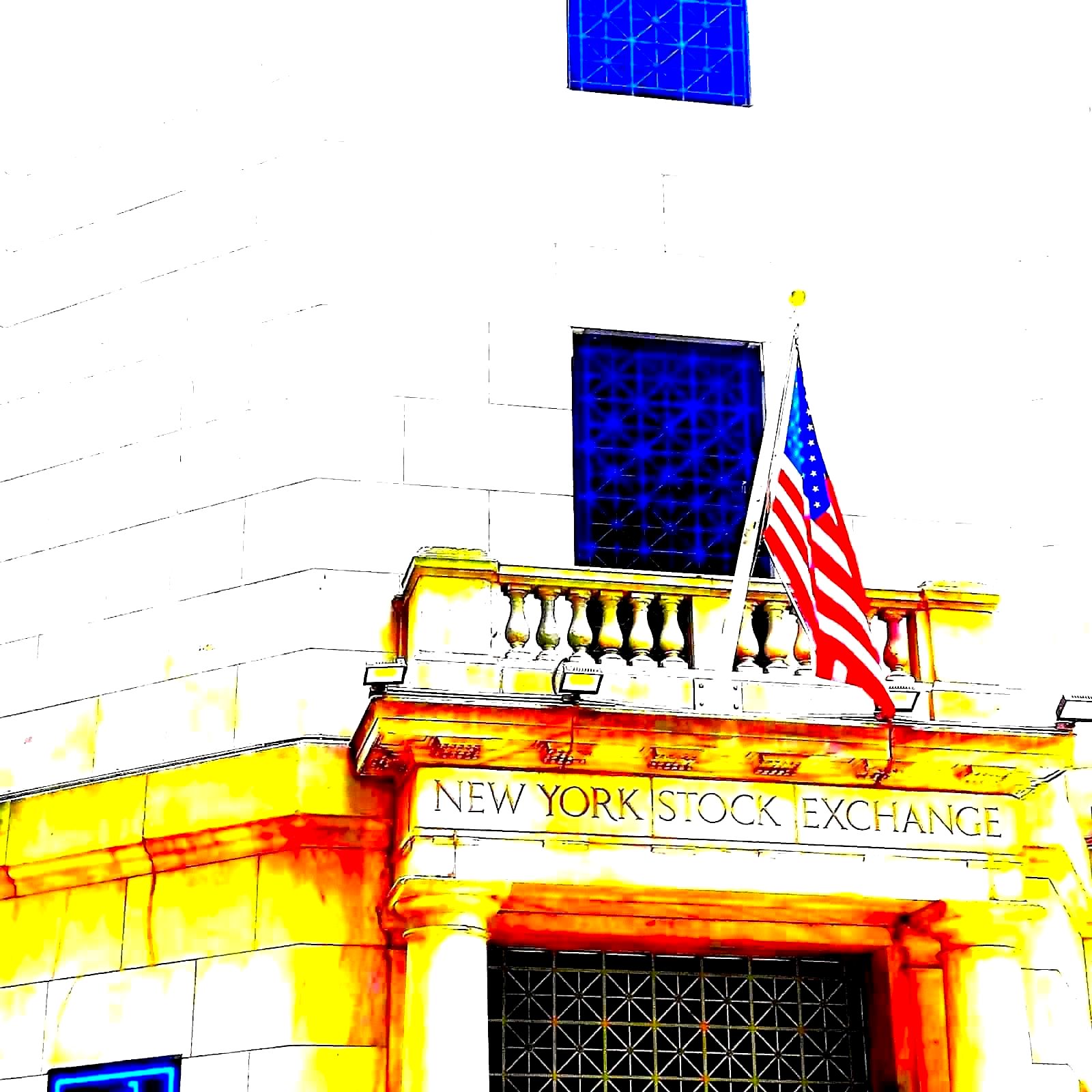New York Stock Exchange exterior at dusk, lower Manhattan financial district