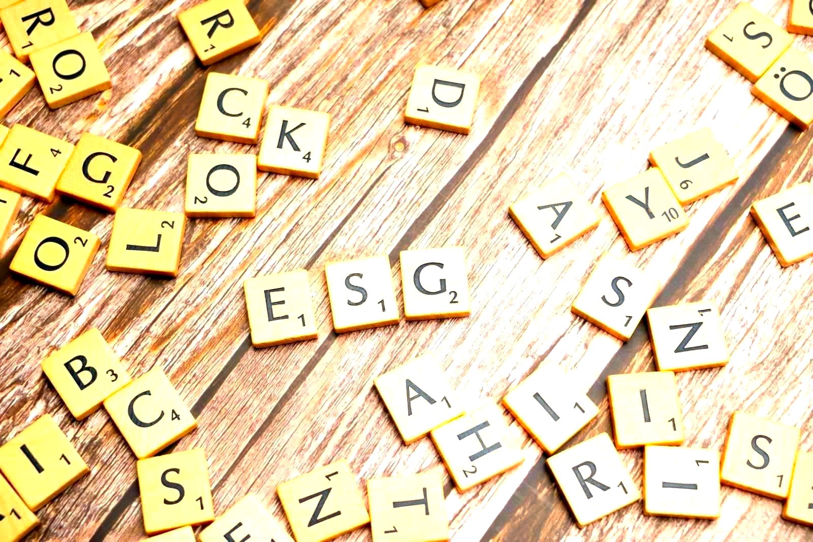 Wooden letter tiles spelling ESG on a rustic wooden surface