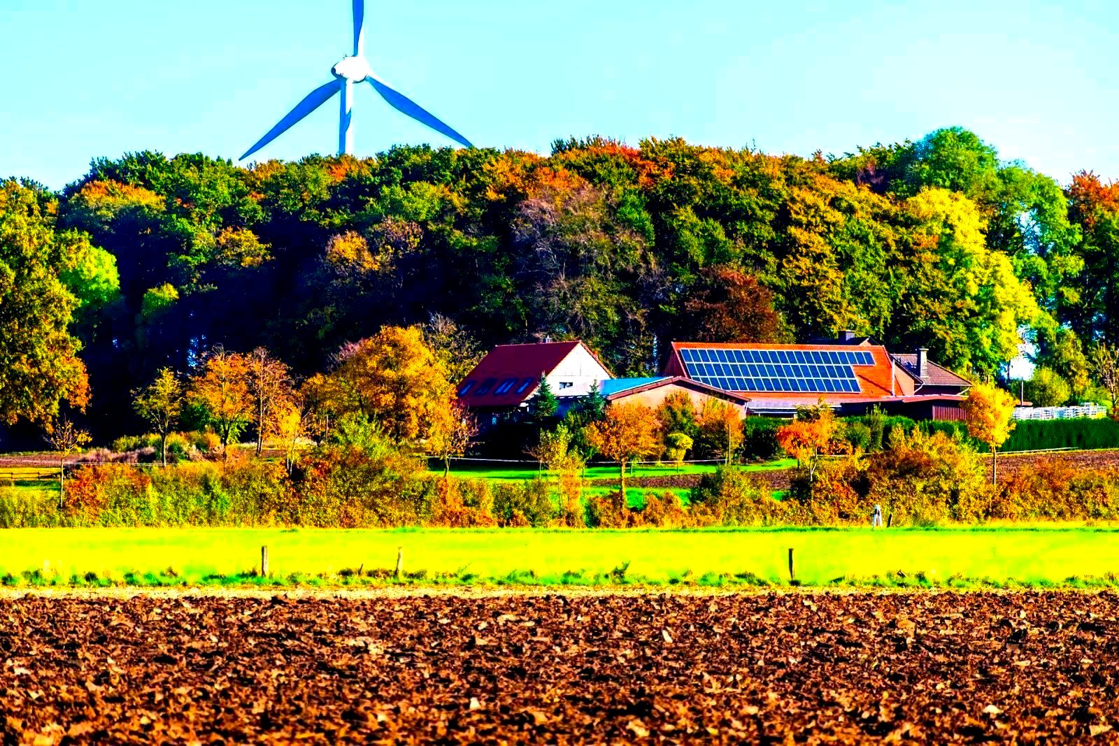 Wind turbine and solar panels on a farm with autumn foliage